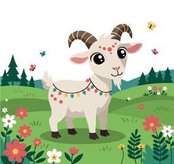 Naklejka premium Cute goat with horns standing in colorful flower meadow with butterflies vector illustration 