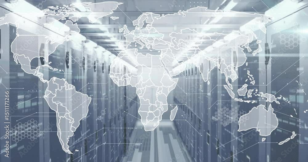 Poster server aisle idling before world map overlay expanding connecting nodes visualizing global network