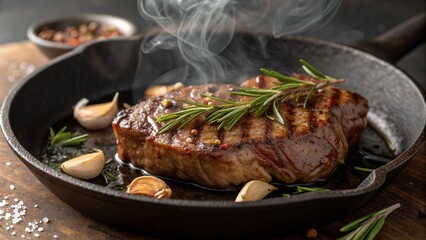 Juicy grilled steak with rosemary and garlic in a cast iron pan