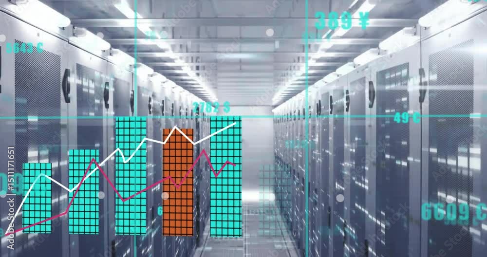 Poster aqua grid starting server racks animating rising temps updating volts shifting bar and line graphs