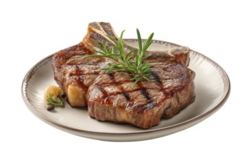 PNG Grilled t-bone steak with rosemary and garlic on plate