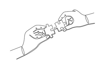 Continuous one line drawing of Hand holding jigsaw puzze piece. Single line drawing illustration of Puzzle pieces in hands. Idea of solution and success concept vector art. Doodle line illustration.