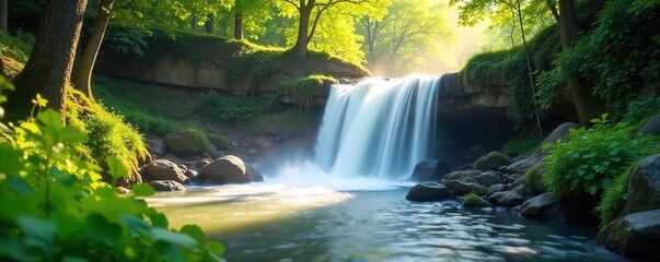 Cascading springtime waterfall, vibrant green foliage, sunlit mist, fresh water flow, lush natural beauty, perfect for nature, travel, and serenity themed projects , peace, water, rushing