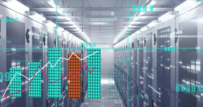 Aqua grid starting server racks animating rising temps updating volts shifting bar and line graphs
