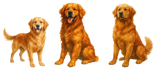 A Charming Trio of Golden Retrievers Showcasing Different Poses and Expressions, Ideal for Dog Lovers and Pet Enthusiasts, Isolated on Transparent and White Background