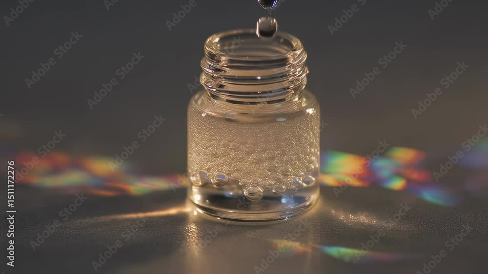 Poster transparent liquid is carefully dispensed into a small glass vial using a pipette, creating small bu