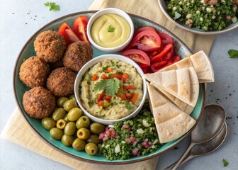 Mediterranean Mezze Platter with Falafel Hummus Baba Ghanoush Olives and Pita