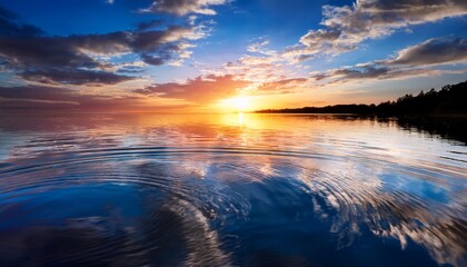 Fototapeta premium “Ripples on calm water reflecting the sunset sky” 
