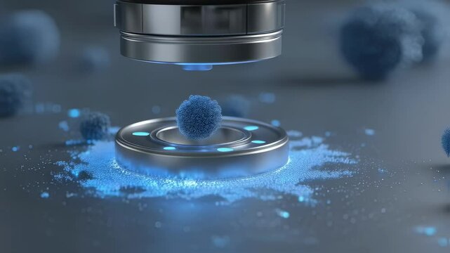 Microscopic robotic arm delicately positioning fuzzy nanoparticle on luminescent platform, mimicking underwater bioluminescent scientific environment with advanced bioengineering precision