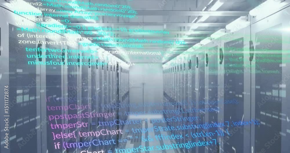 Poster server aisle view initiating data flow with holographic code scrolling across server racks