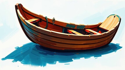 Charming Oil Painting of a Traditional Wooden Boat with Warm Terracotta and Cool Teal Tones