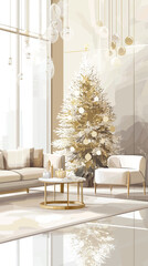 Elegant Living Room with Gold and White Christmas Decor, Elegant Christmas Living Room 