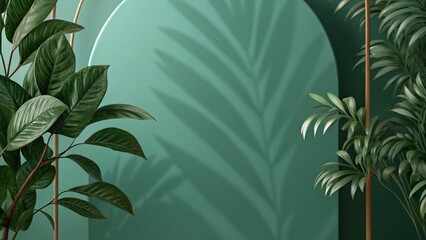 Elegant Green Wall with Tropical Plant Shadows and Botanical Accents