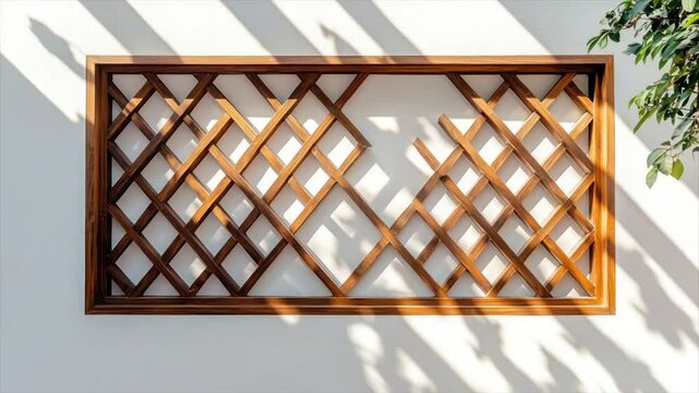 Ornate wooden lattice window design on a white wall.  Sunlight casts shadows