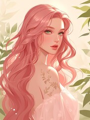 Serene anime woman with pink hair and floral tattoos sitting in a garden, pastel colors, dreamy atmosphere illustration.