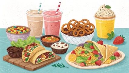 Colorful and Delicious Food Illustration with Tacos Smoothies Pretzels and More