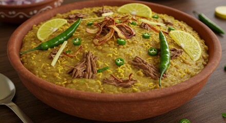 Delicious haleem dish in clay bowl with lemon and chili hot food meal meat high rich spicy lunch