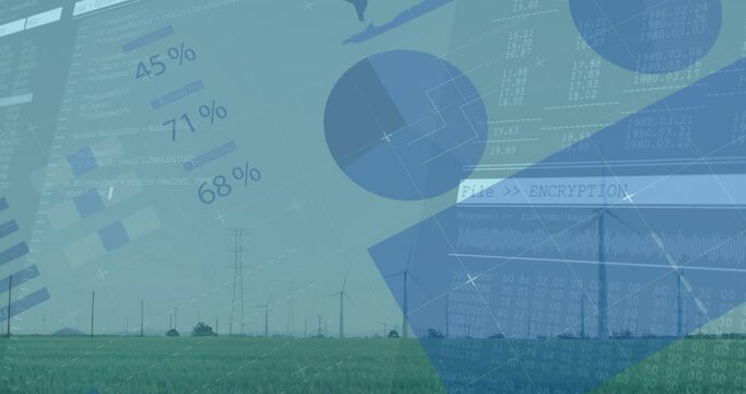 On start wind turbines lining green grass receiving fading percentages pie charts forming HUD - Powered by Adobe