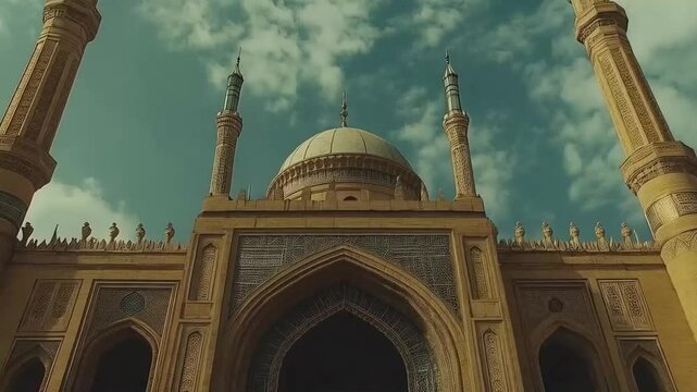 The beautiful mosque stood majestically, its domes and minarets shining under the clear blue sky.