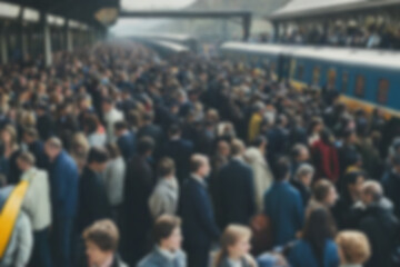 the atmosphere at the train station is blurry, people are queuing to get on the train in a crowded place, the background of the station is blurry