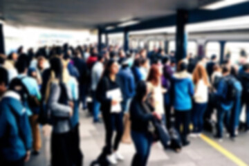 the atmosphere at the train station is blurry, people are queuing to get on the train in a crowded place, the background of the station is blurry