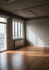 Fototapeta premium Photo of Empty Room with Hardwood Floor Light and Window Interior