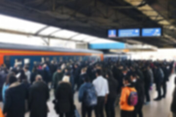 the atmosphere at the train station is blurry, people are queuing to get on the train in a crowded place, the background of the station is blurry