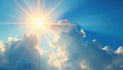 Golden sun rays bursting through fluffy clouds, illuminating a vibrant blue sky A stunning natural light display perfect for backgrounds or nature-themed projects , serenity, sky