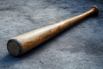 Wooden baseball bat resting on a gray surface.