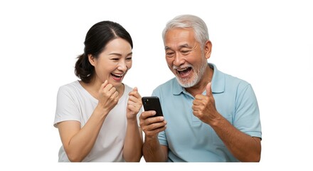 Photo of Happy Senior Asian Couple Celebrating Using Mobile Phone