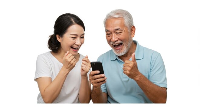 Photo of Happy Senior Asian Couple Celebrating Using Mobile Phone