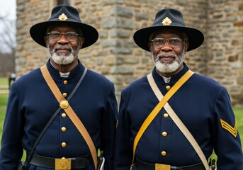 Two men in Civil War-era uniforms stand together, depicting a historical reenactment scene.