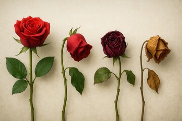 Four roses showing different stages of life cycle, from blooming to withering