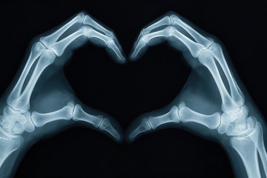 Radiograph showing two hands forming heart shape symbol