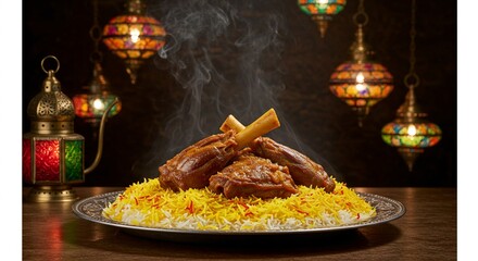 Delicious lamb shank biryani dish with saffron rice served on elegant plate hot food meal meat rich