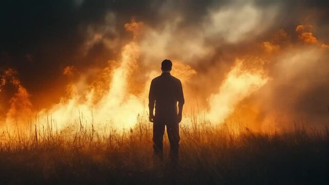 The man stood fearlessly in front of the explosion, unshaken by the fiery blast behind him.







