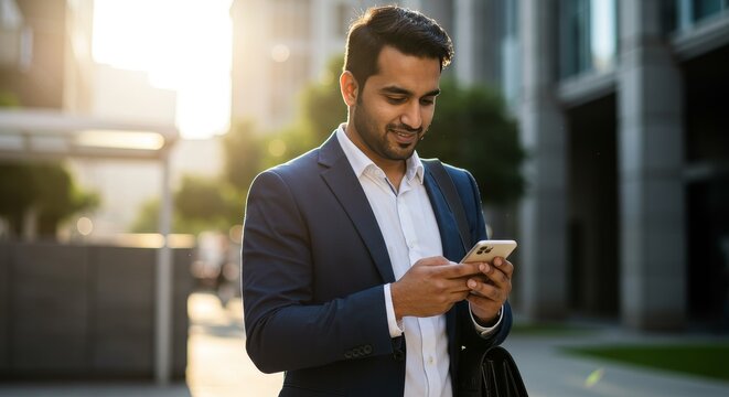 Photo of Man in Suit Using Smartphone in Urban City with Sun Flare