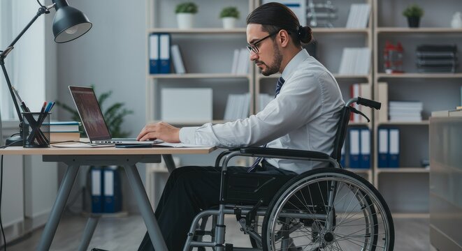 Photo of Man in Wheelchair Working at Desk with Laptop in Office