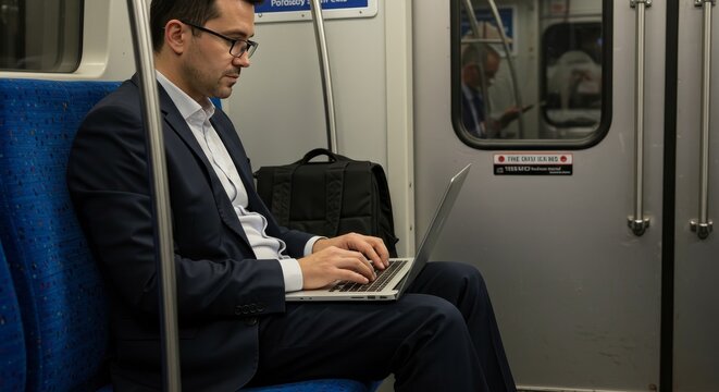 Photo of Man in Suit Working on Laptop during Train Commute
