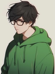 Young man with black hair and brown eyes wearing green hoodie and glasses
