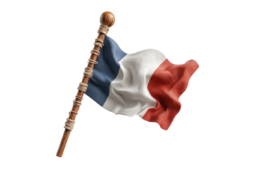 PNG French flag waving on wooden pole: iconic tricolor symbol of france
