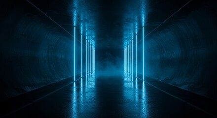 Abstract Tunnel Background with Blue Neon Lights and Dark Corridor