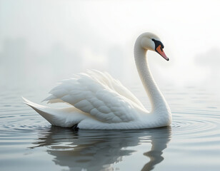 Elegant White Swan Swimming Calmly on a Misty Lake
