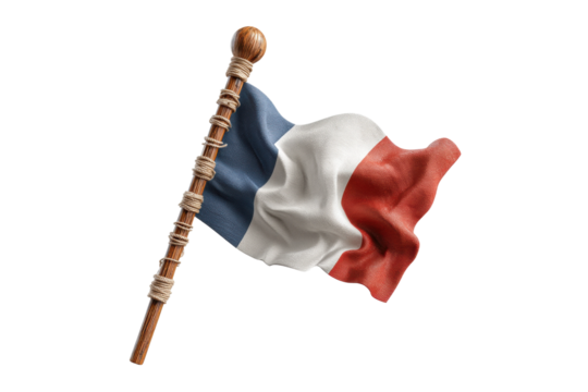 PNG French flag waving on wooden pole: iconic tricolor symbol of france