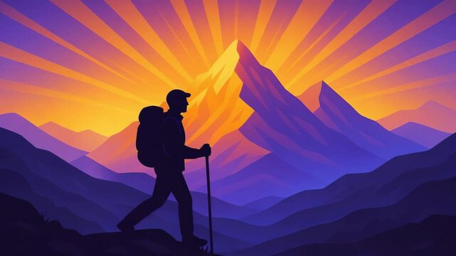 Un viajero en la cima de una monta&ntilde;a: Ilustraci&oacute;n de trekking &ndash; Video moderno con ilustraci&oacute;n animada.