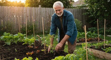 Photo of Senior Man Gardening Vegetables in Garden at Sunset