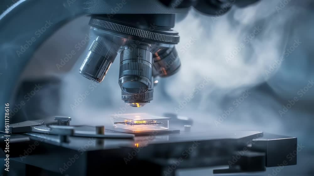 Poster gloved technician adjusting the focus of a microscope on a vapor covered neuromorphic chiplet, empha