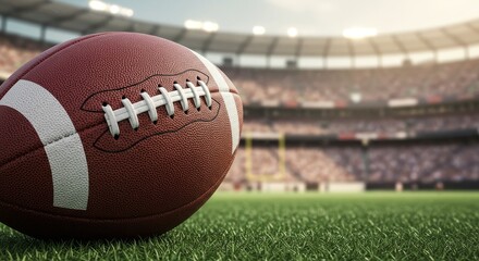 American Football Ball on Green Field in Large Stadium 3d Render