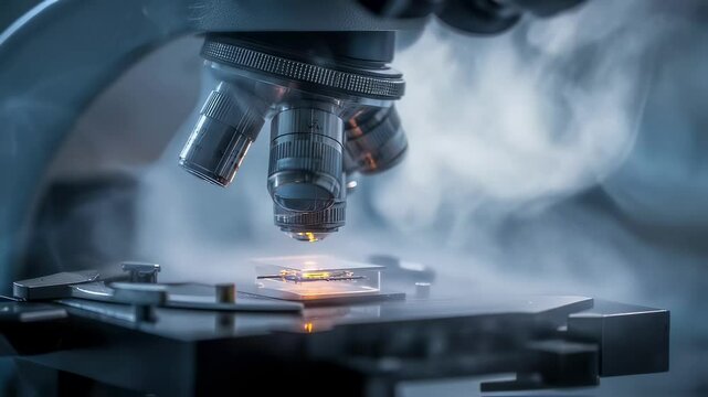 Gloved technician adjusting the focus of a microscope on a vapor covered neuromorphic chiplet, emphasizing precision in a laboratory setting