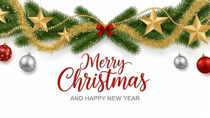 Merry Christmas and Happy New Year Festive Holiday Garland with Gold Stars and Ornaments - Powered by Adobe